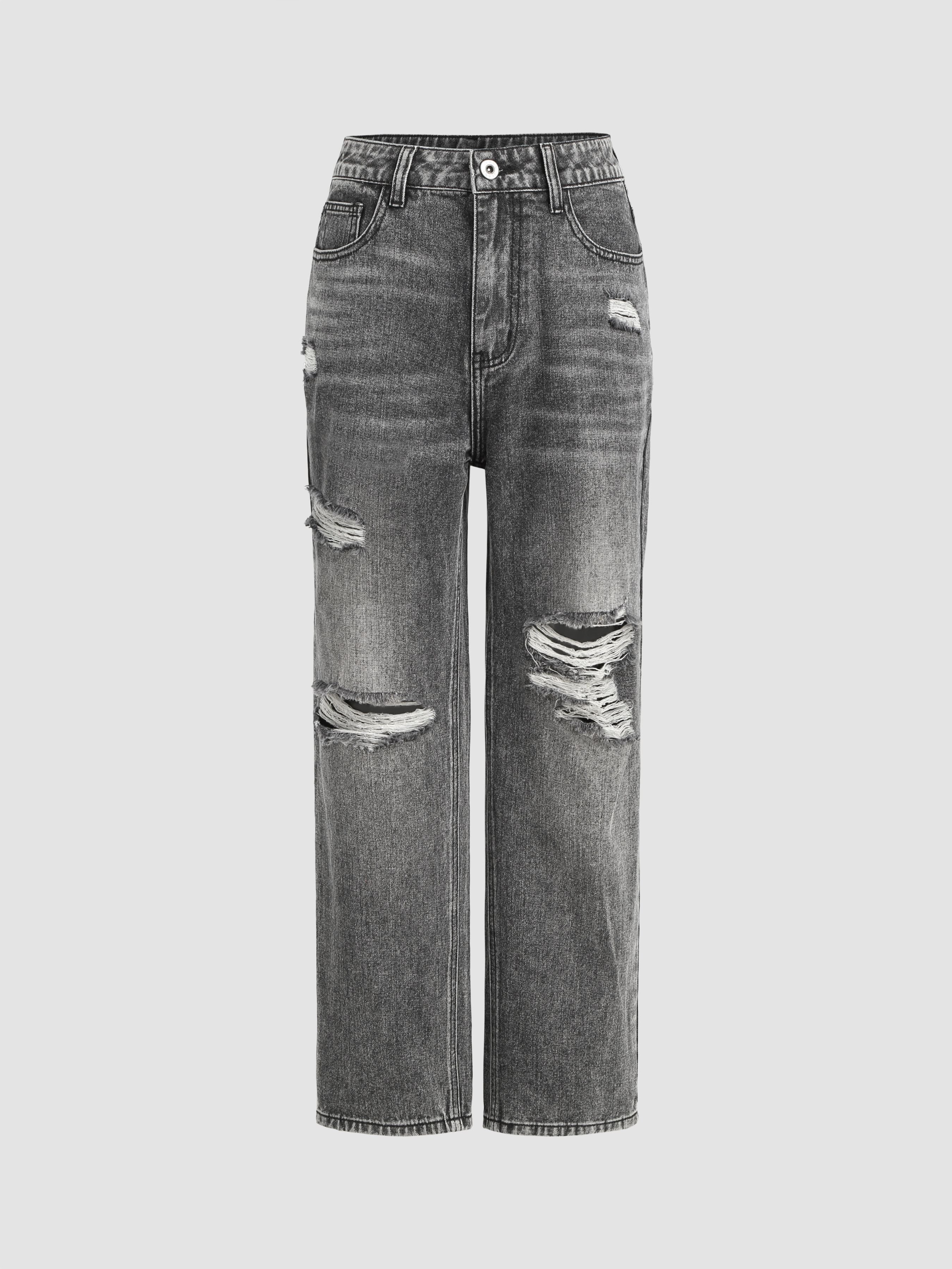 Casual Solid Ripped Straight Mid Waist Straight Solid Color Bottoms main image 1