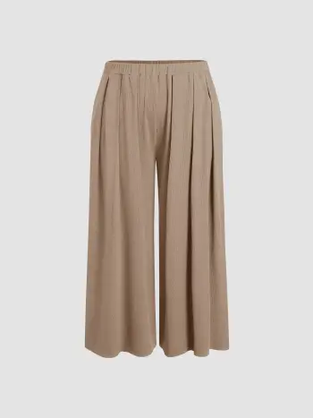 Solid Elastic Waist Pocket Wide Leg Pants Curve & Plus
