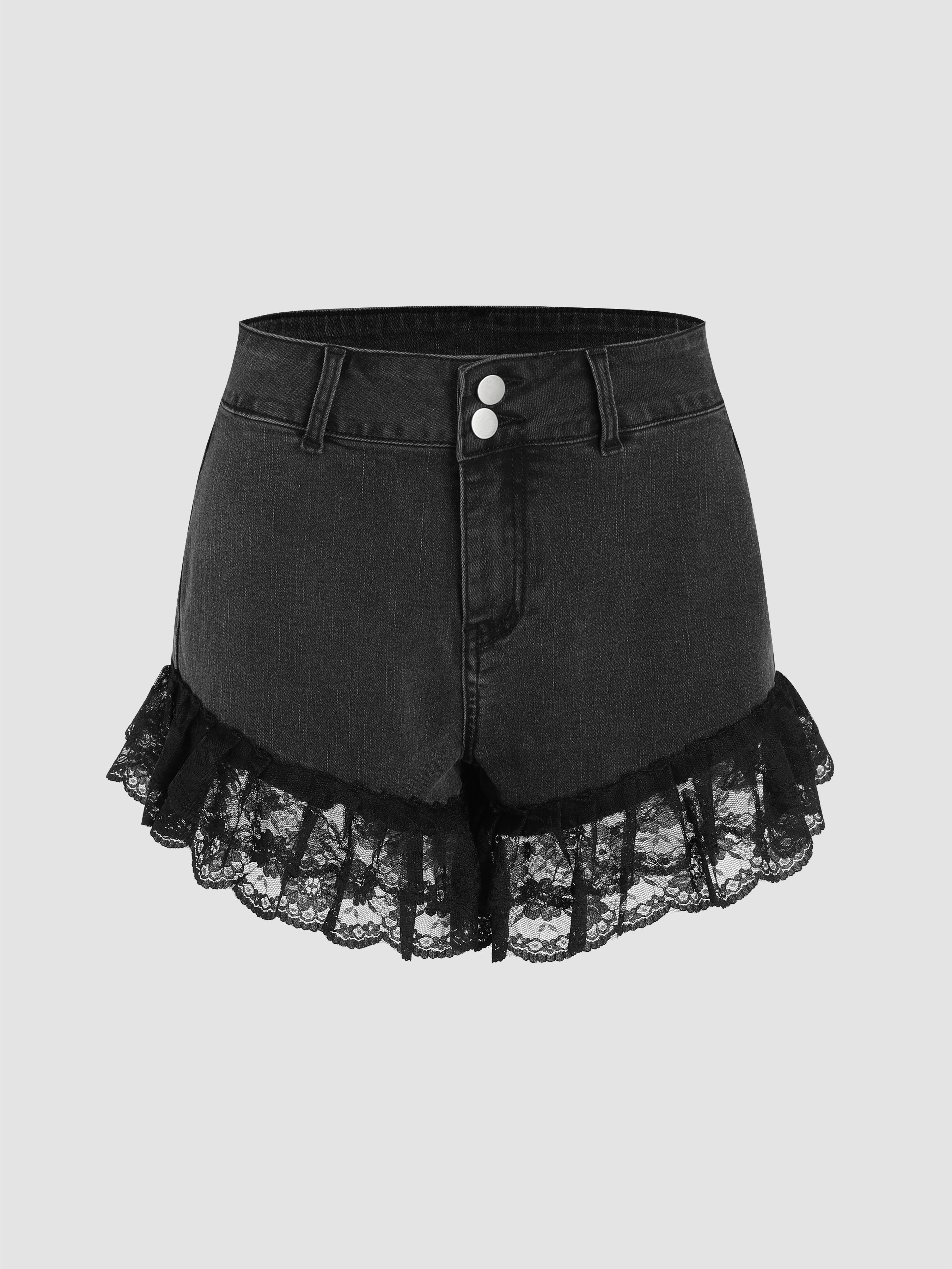 Free People - Blue Bohemian Denim Shorts With Lace Trim Cotton | SilkRoll