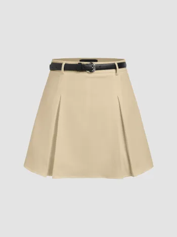 Mid Waist Pleated Mini Skirt With Belt