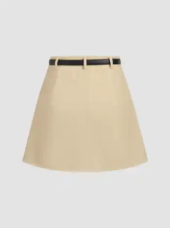 Mid Waist Pleated Mini Skirt With Belt