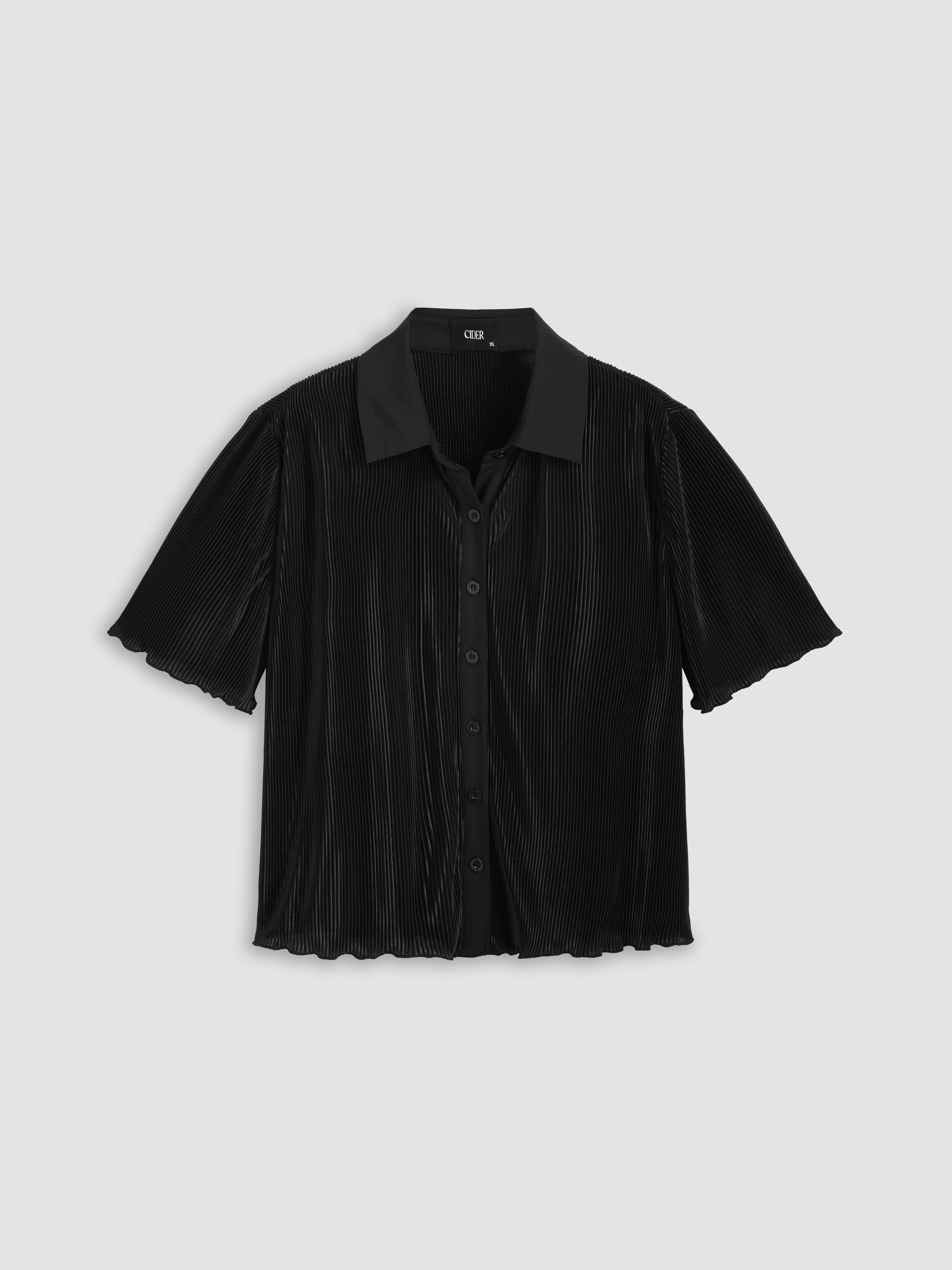 Curve & Plus Collar Stripe Button Up Wave Trim Short Sleeve Shirt