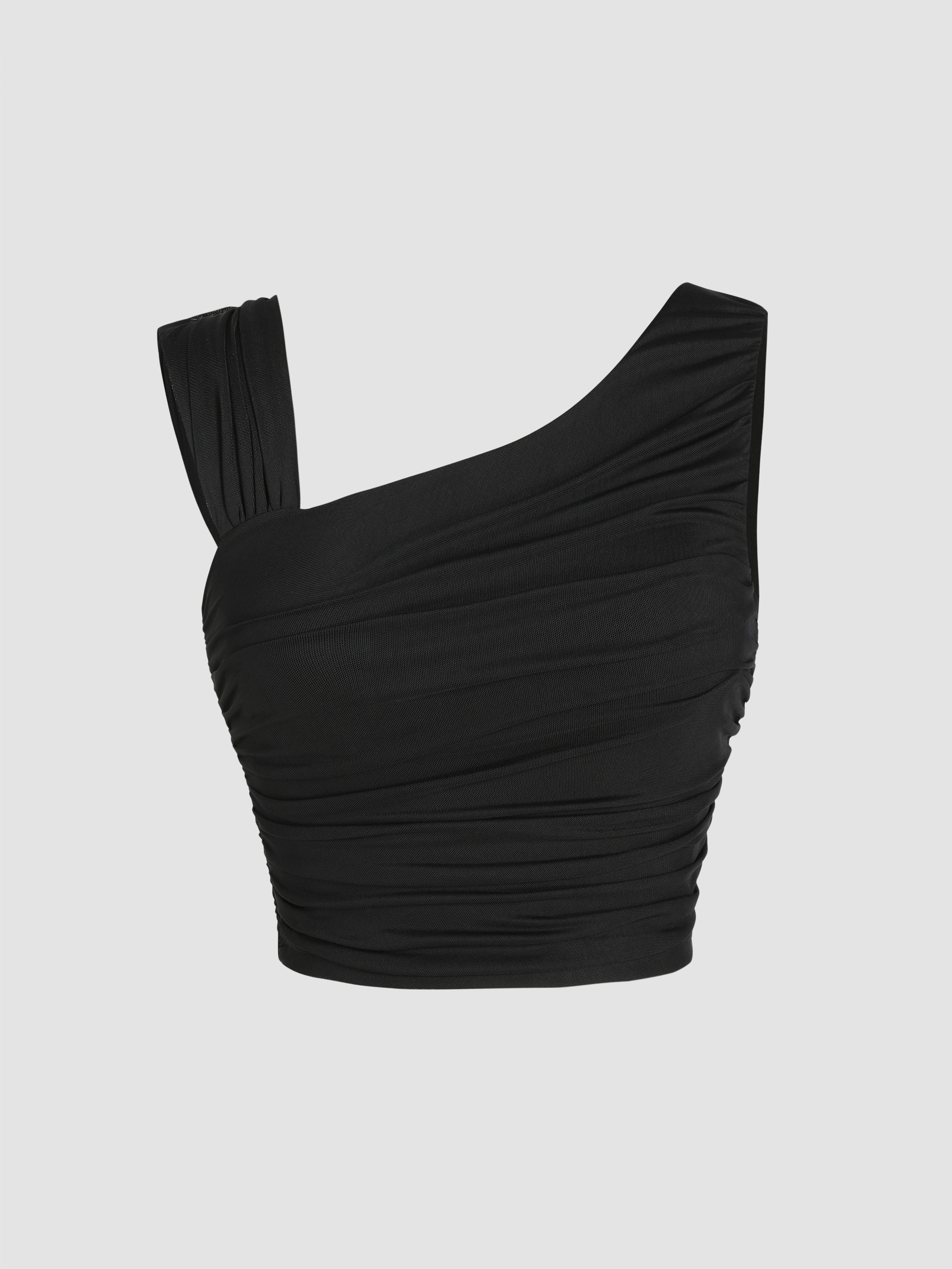 Asymmetrical Neck Solid Ruched Crop Top - Cider