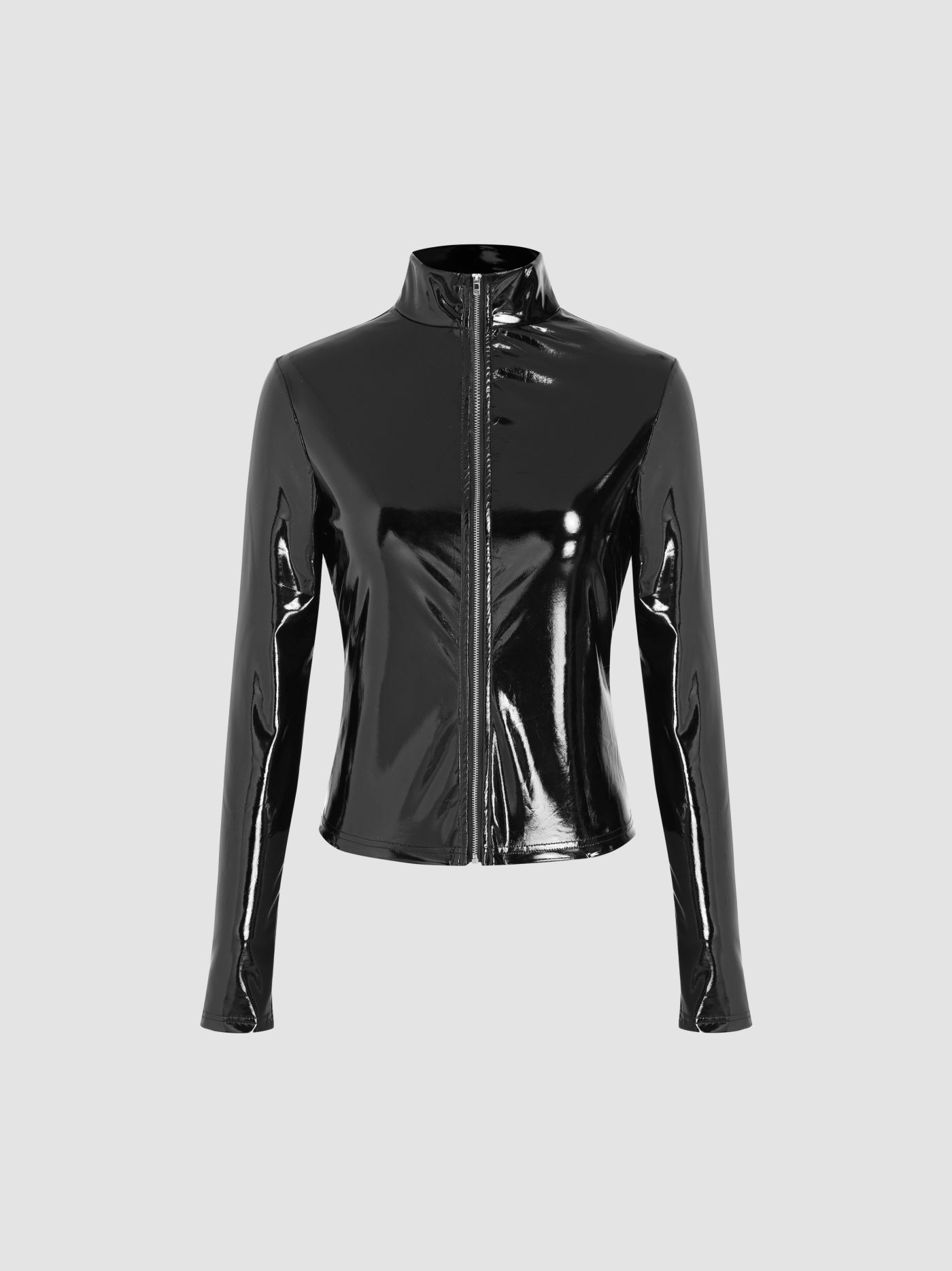 Solid Faux Leather High Neck Zipper Biker Jacket