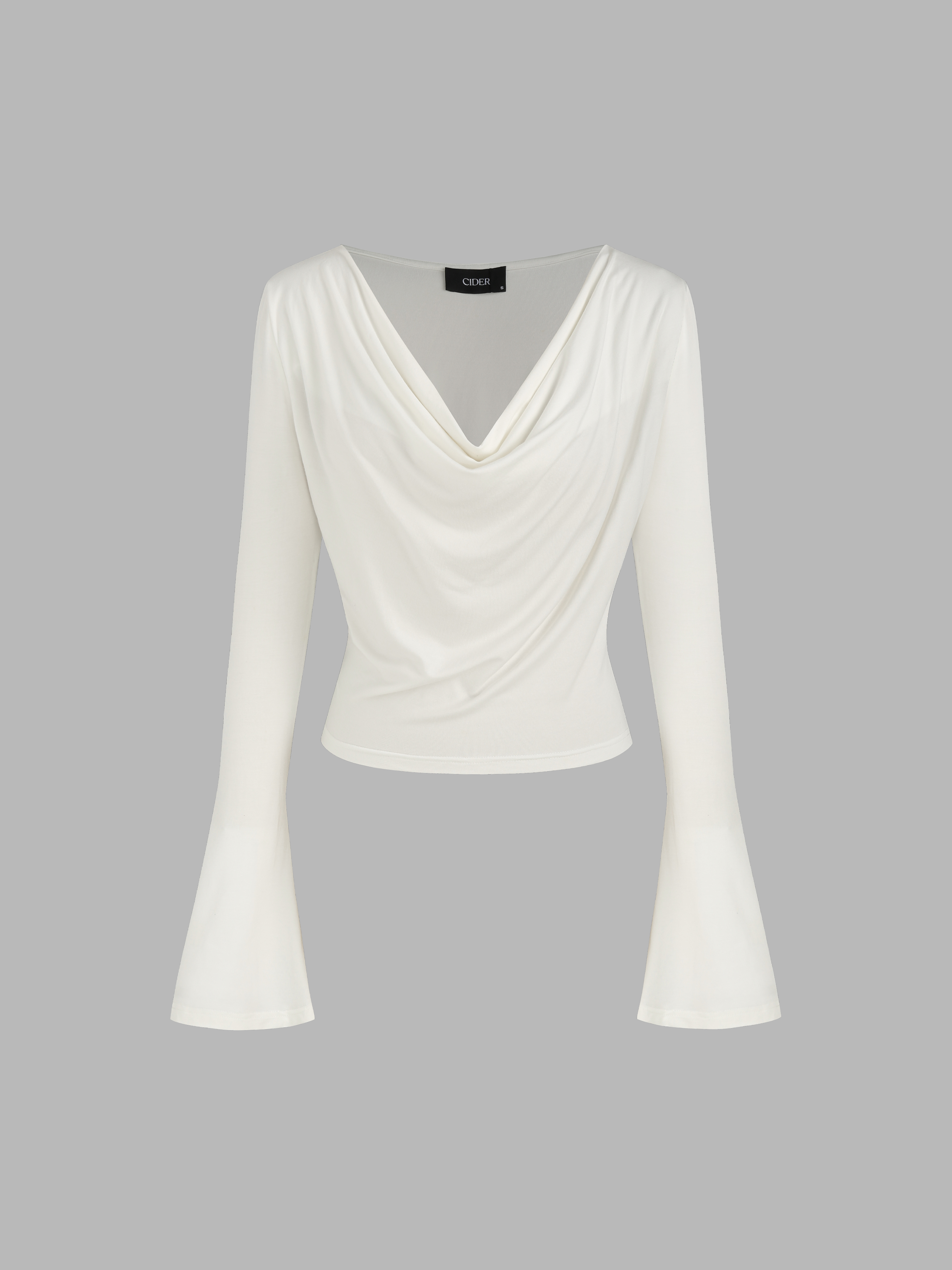 Jersey Solid Jersey Cowl Neck Ruched Bell Long Sleeve Top