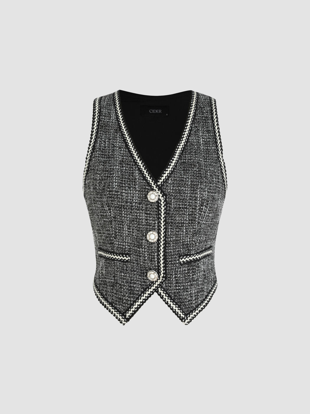 Tweed V-neck Solid Button Crop Vest