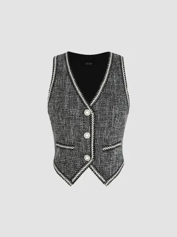  Tweed V-Ausschnitt Solid Button Crop Weste