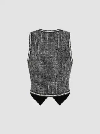  Tweed V-Ausschnitt Solid Button Crop Weste