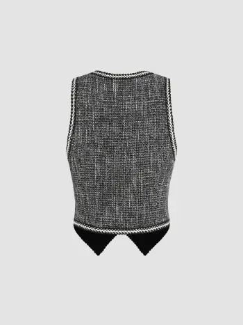  Tweed V-Ausschnitt Solid Button Crop Weste