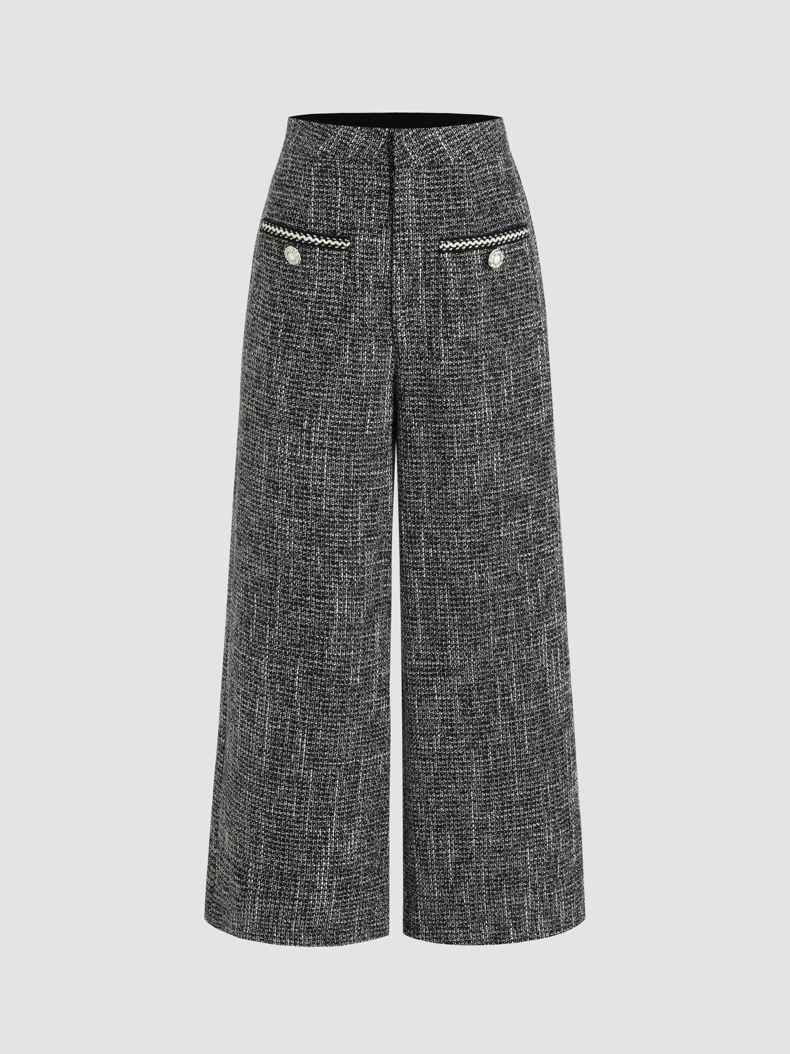 Tweed Mid Waist Solid Button Wide Leg Trousers