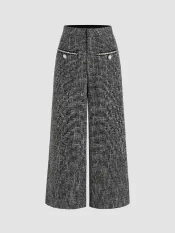 Tweed Mid Waist Solid Button Wide Leg Cropped Trousers 