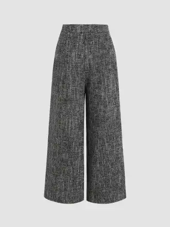 Tweed Mid Waist Solid Button Wide Leg Cropped Trousers 