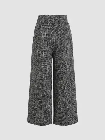 Tweed Mittelbund einfarbige Knopf-Breitbein-Cropped-Hosen