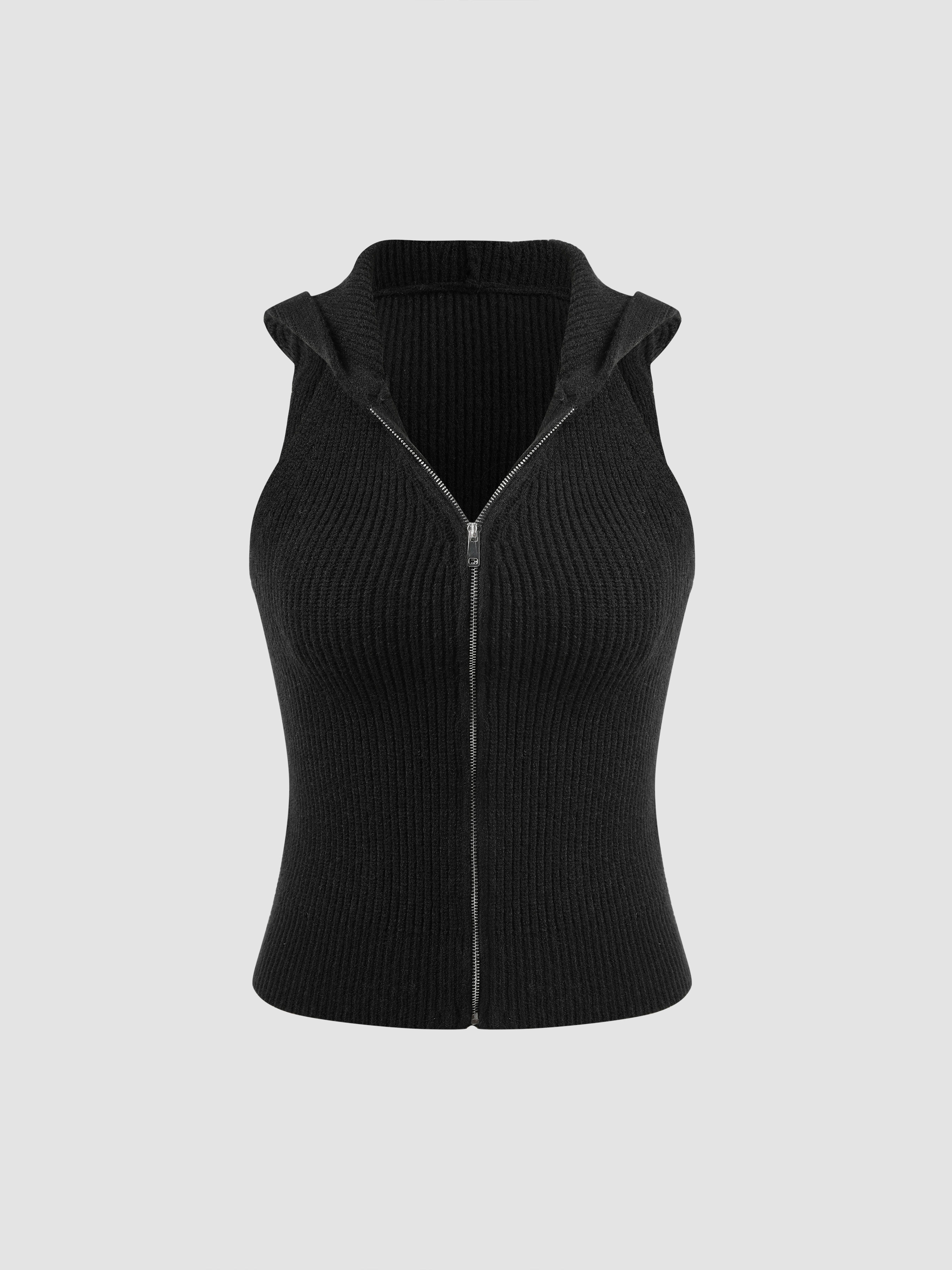 Knit Hooded Solid Zipper Tank Top For Daily Casual