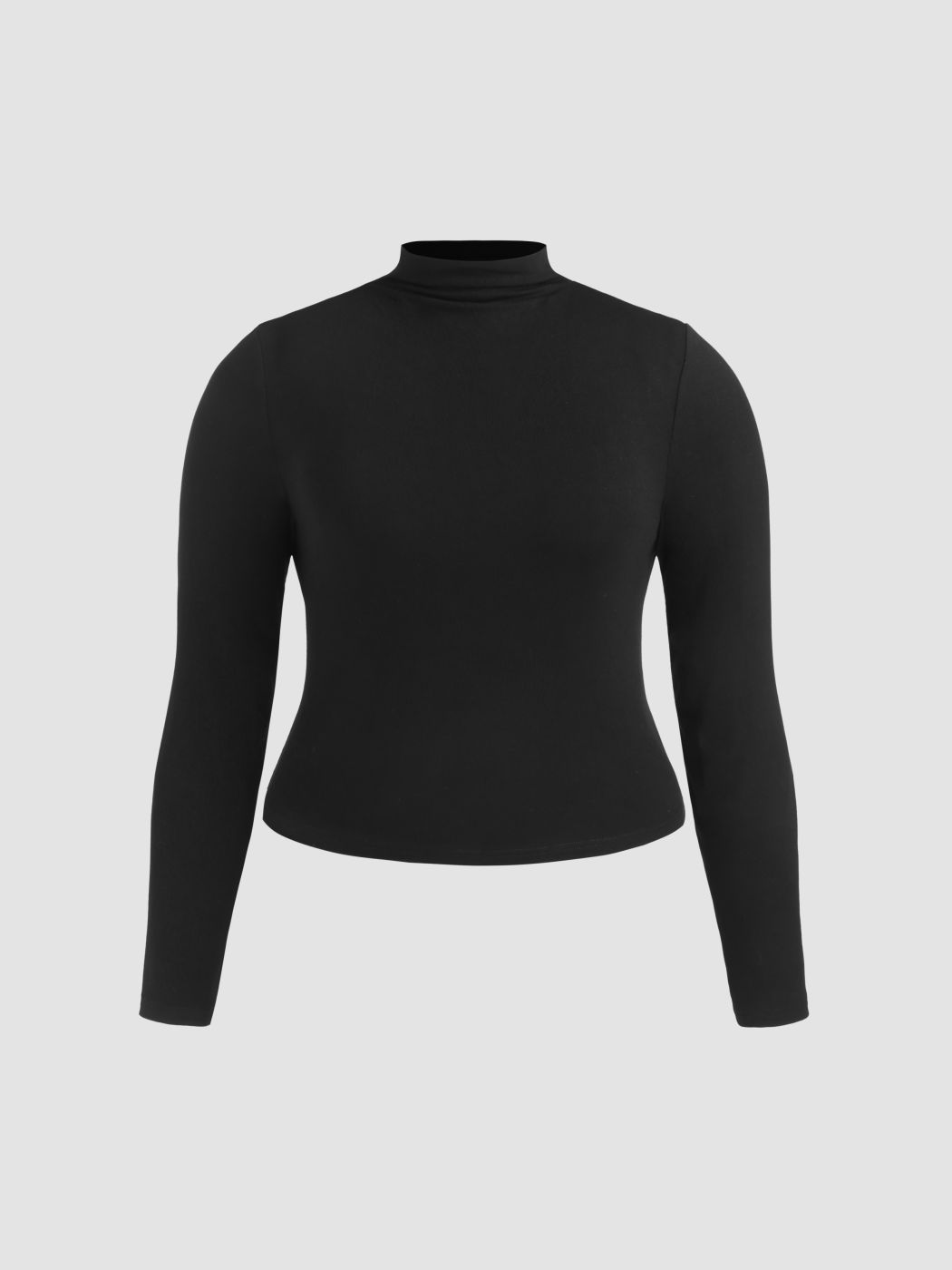 Knit Fabric High Neck Solid Long Sleeve Crop Tee Curve & Plus