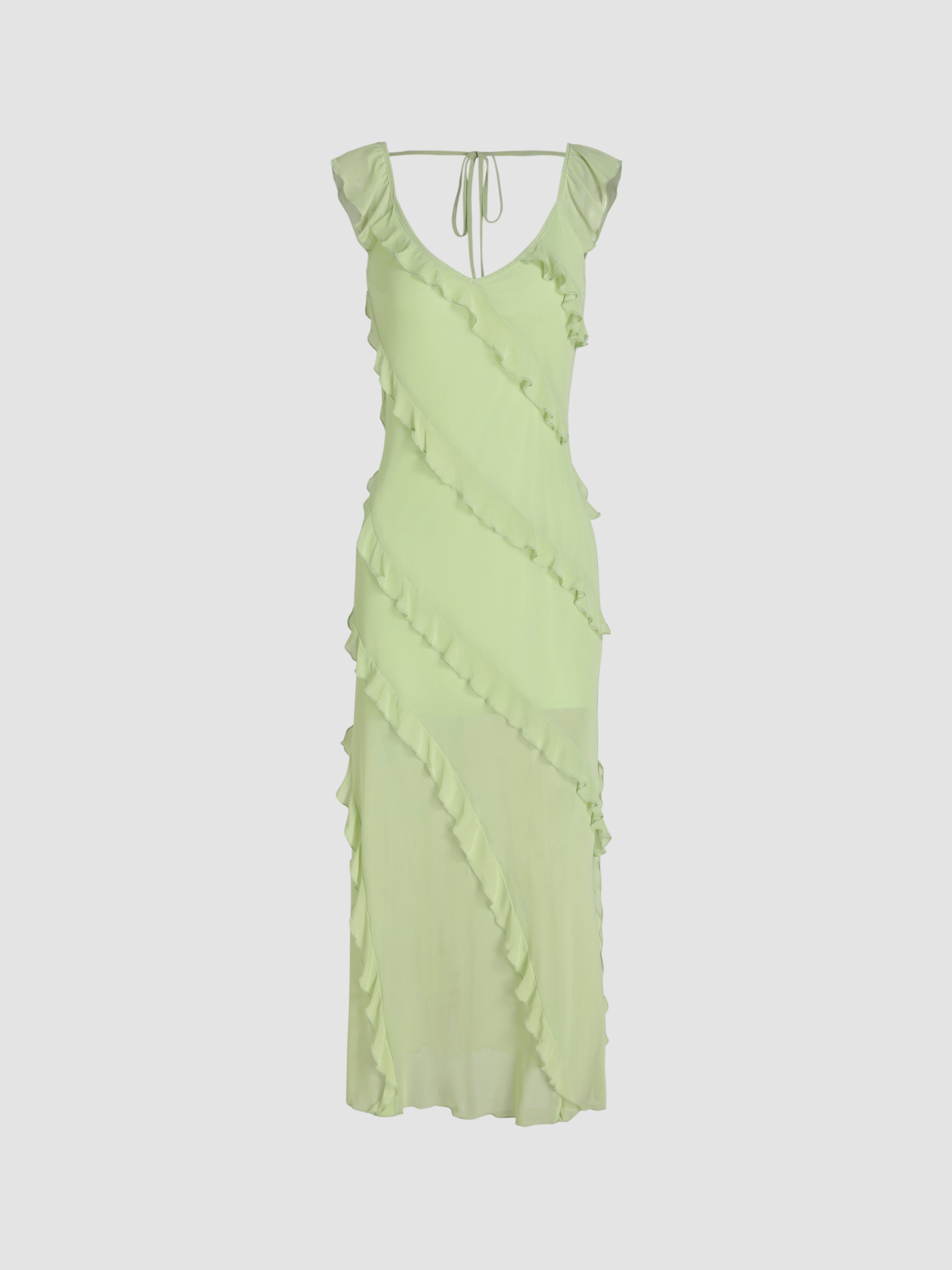 Solid Mesh V-neck Ruffle Trim Bowknot Cami Maxi Dress For Date