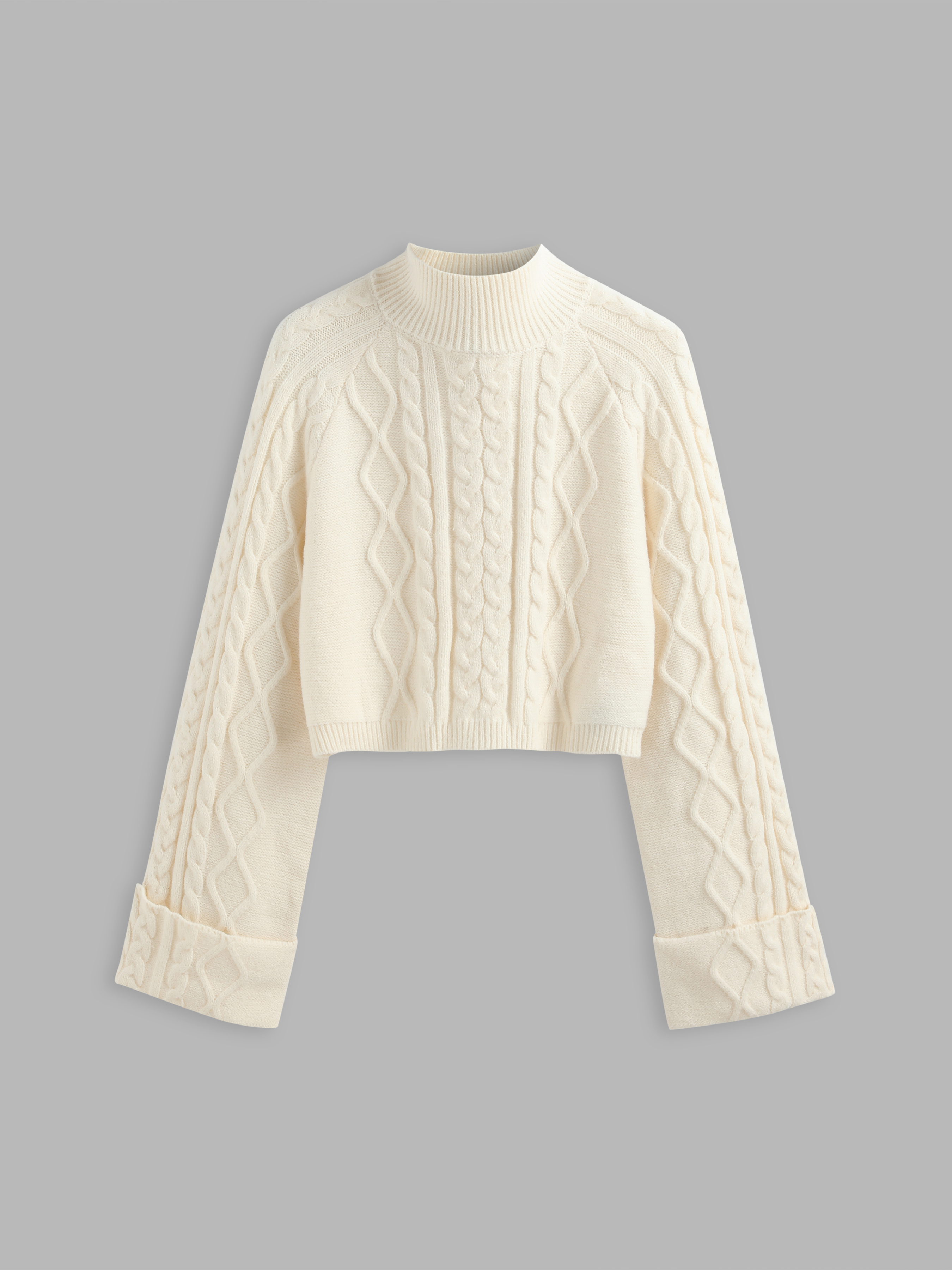 Pull Court à Col Haut et Manches Longues en Maille Câblée Unie
