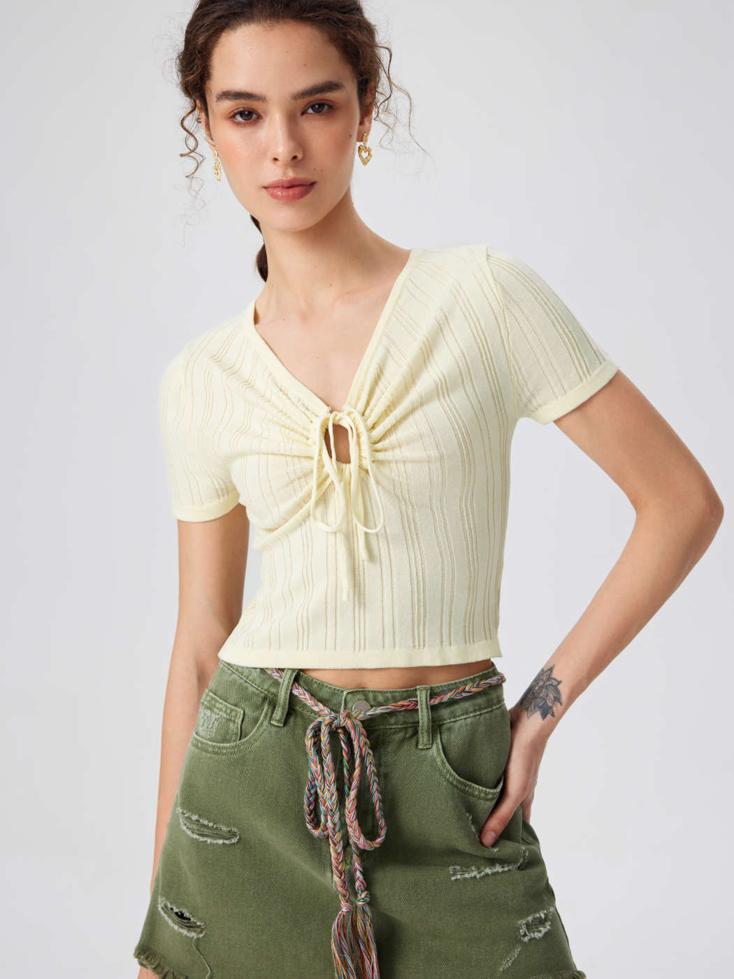 Tricot Knit V-neck Bowknot Crop Short Sleeve Top For Décontracté