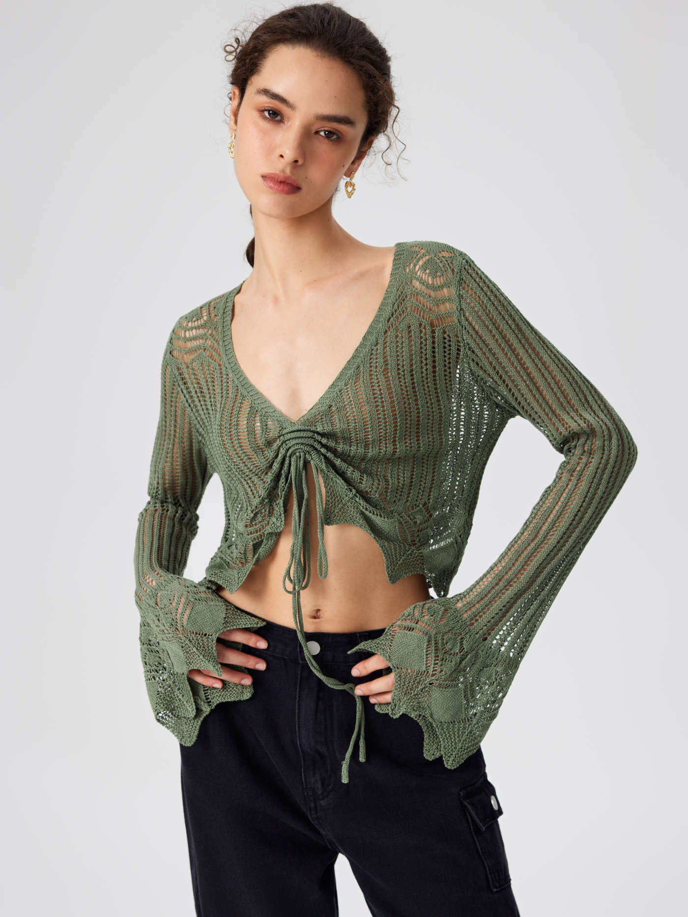 Knit V-neck Hollow Out Drawstring Long Sleeve Crop Top