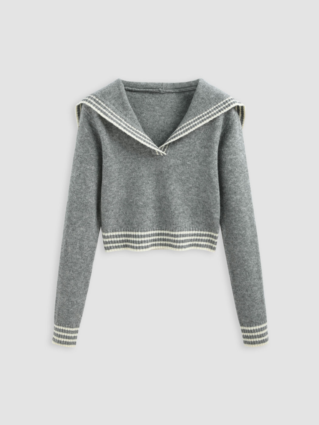 V-Ausschnitt Strick Matrosenkragen Wollmischung Langarm Crop Pullover
