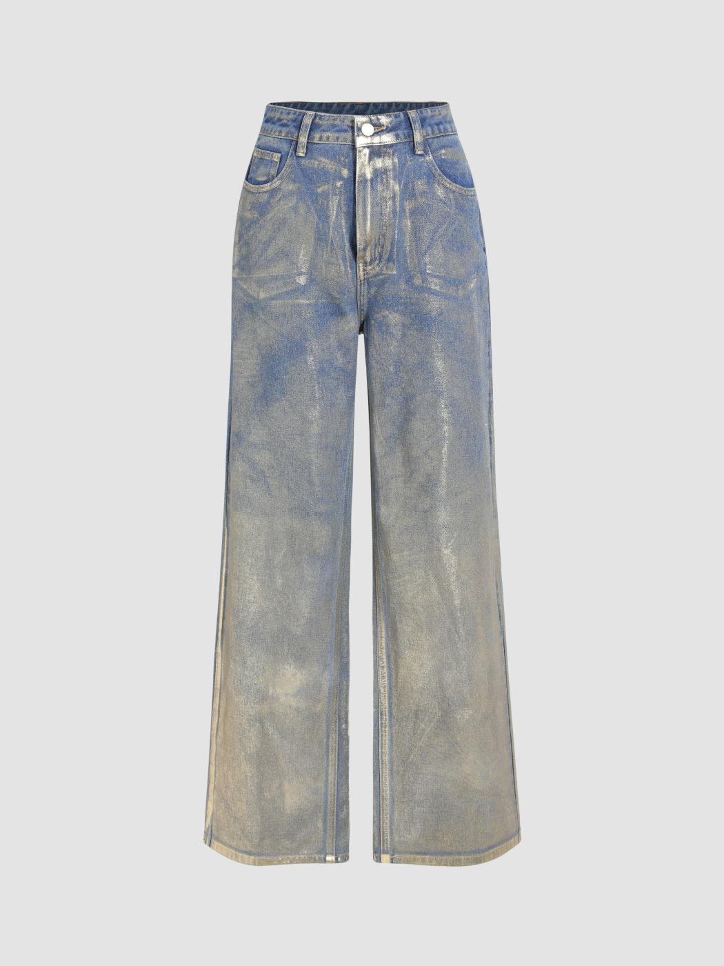 Hose aus Metallic-Denim mit hoher Taille und Taschen und weitem Bein
