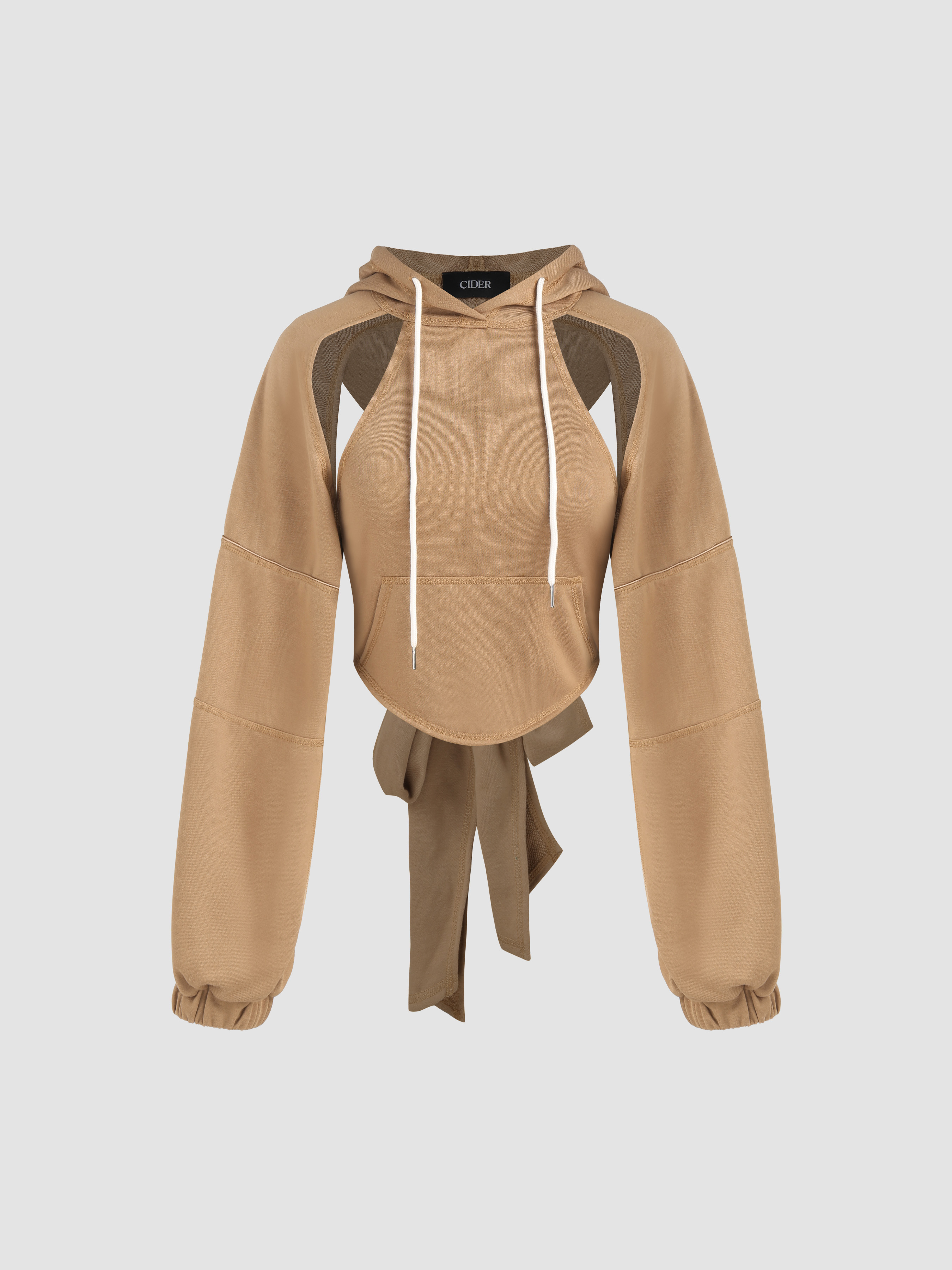 Terry Solid Tie Back Cut Out Drawstring Hoodie
