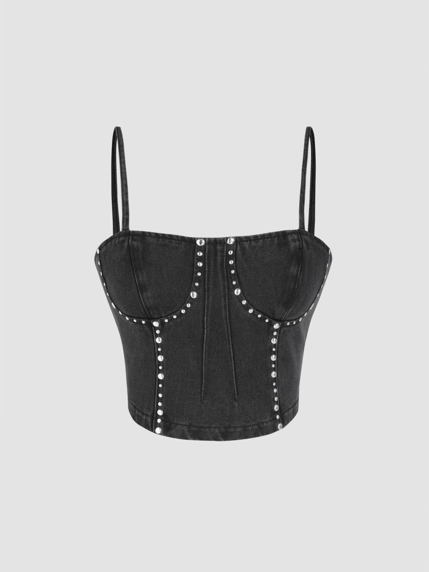 Solid Denim Square Neck Rhinestone Corset Crop Cami Top