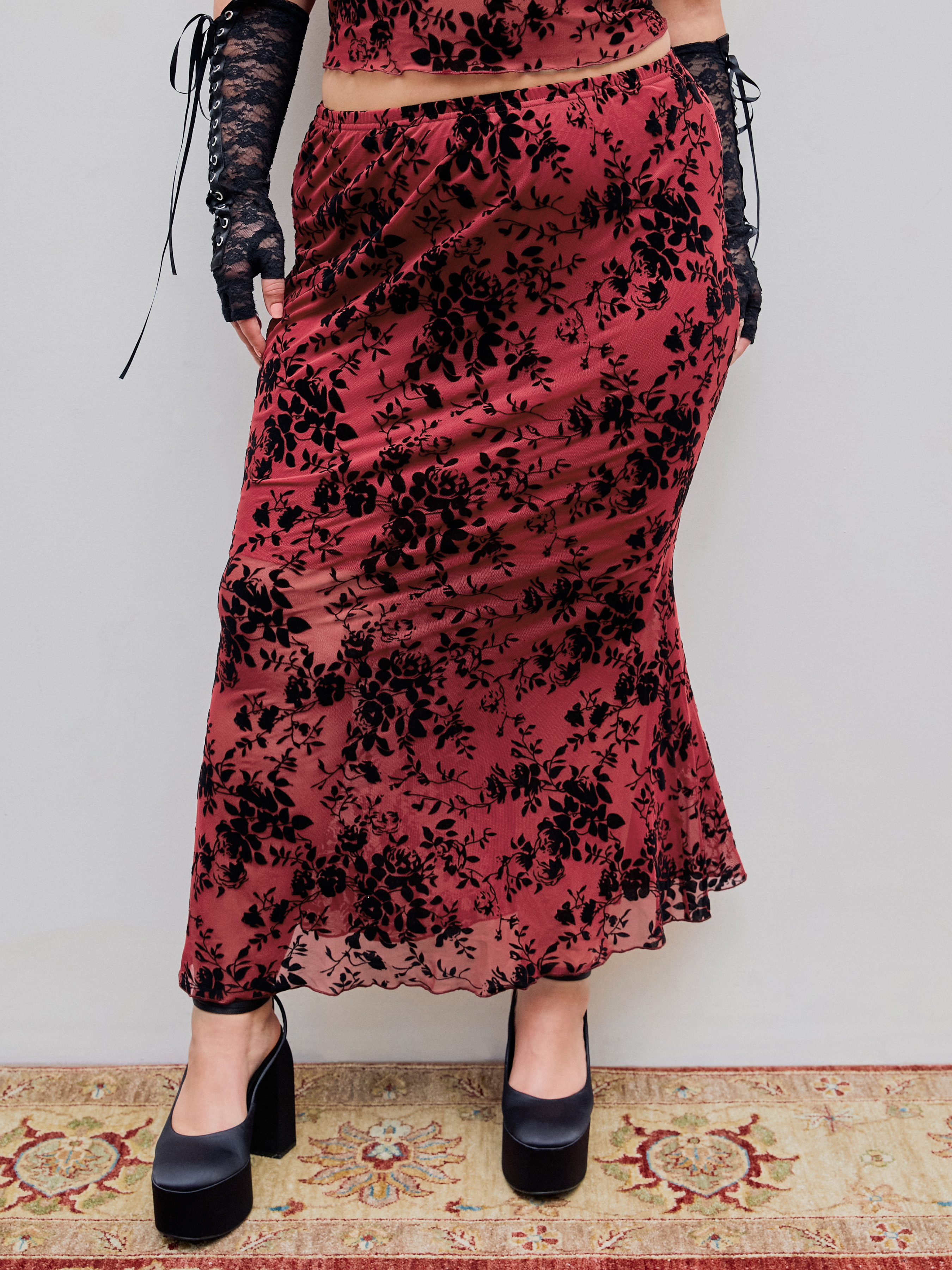 Mesh Mid Waist Floral Skirt Curve & Plus - Cider