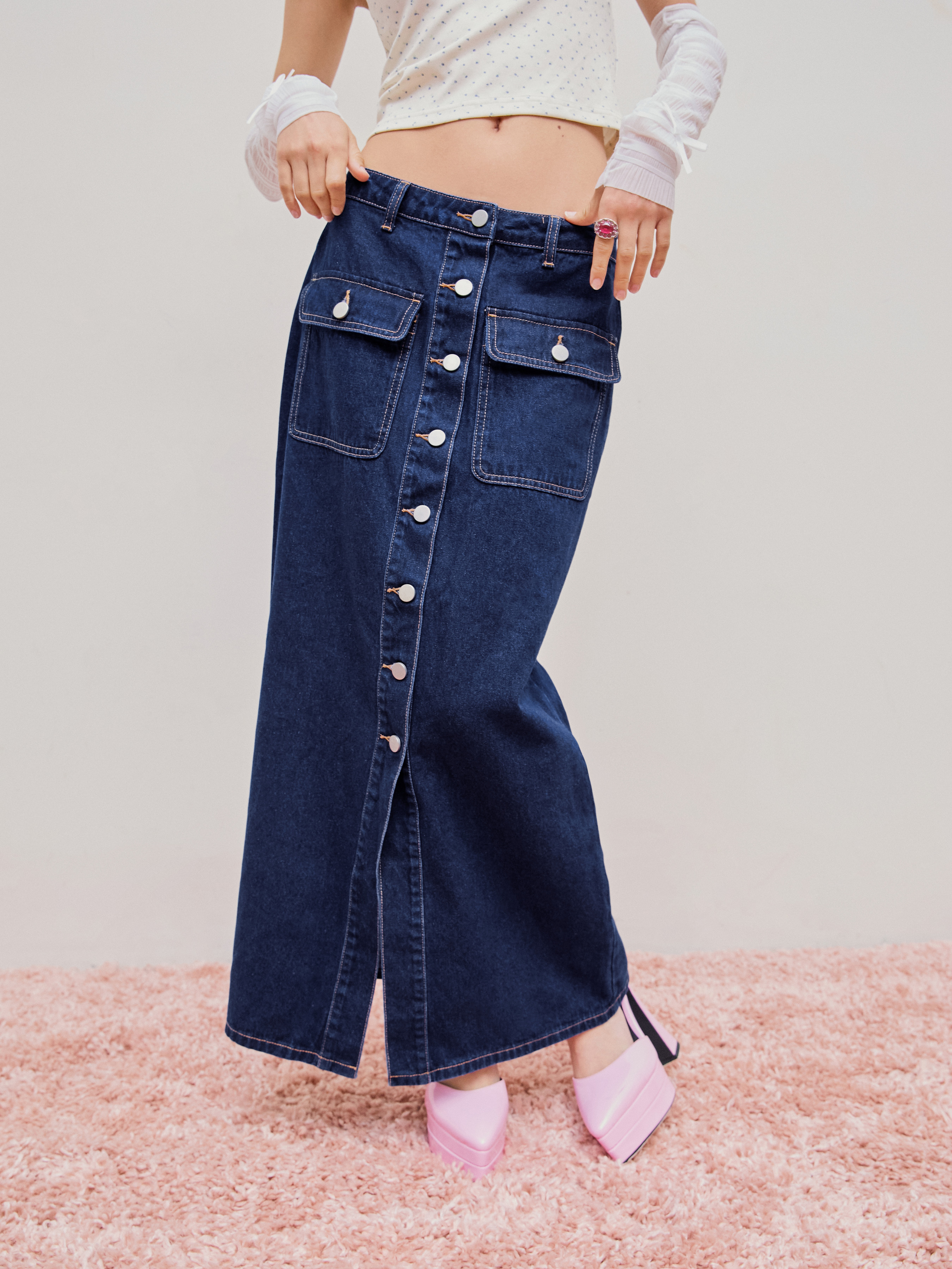 Denim Skirts Denim Denim High Waist Solid Pocket Maxi Skirt For Daily