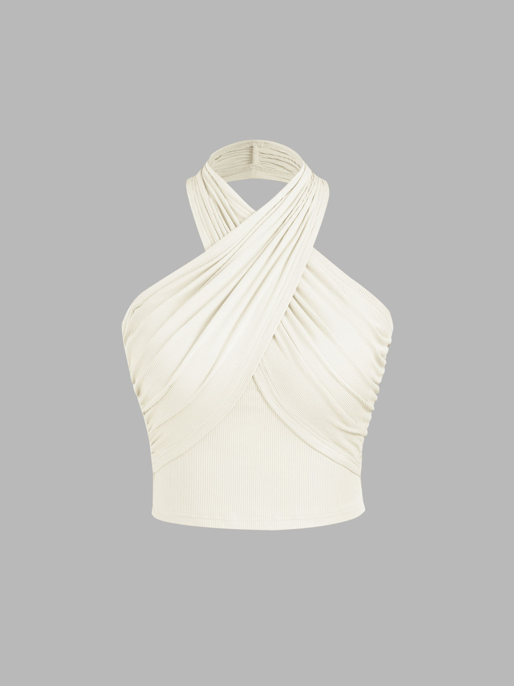 Solid Criss Cross Halter Ruched Crop Top & V Waist Knitted Flared Trousers