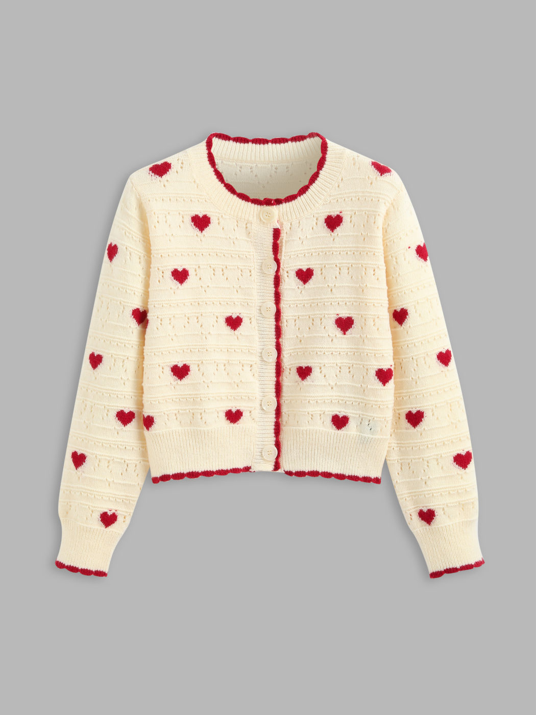 Knit Fabric Round Neck Heart Contrasting Binding Cardigan For School ...