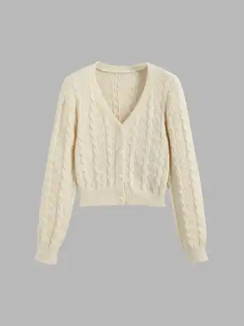 V-Ausschnitt Zopfstrick Knopf Strickjacke