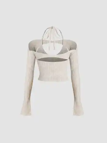 Wool-blend Halter Neckline Solid Knitted Long Sleeve Crop Top