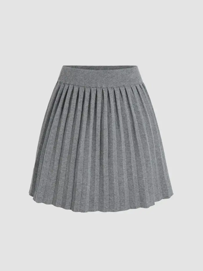 Preppy Knit Fabric Knit Mid Waist Solid Pleated Mini Skirt For
