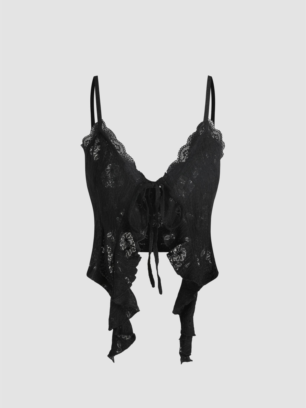 Strick-Crop-Top mit Spitze, Rüschensaum und Knoten