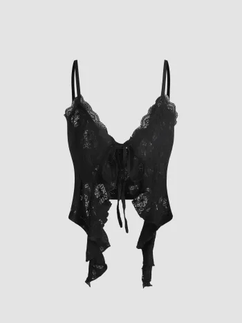 Strick-Crop-Top mit Spitze, Rüschensaum und Knoten