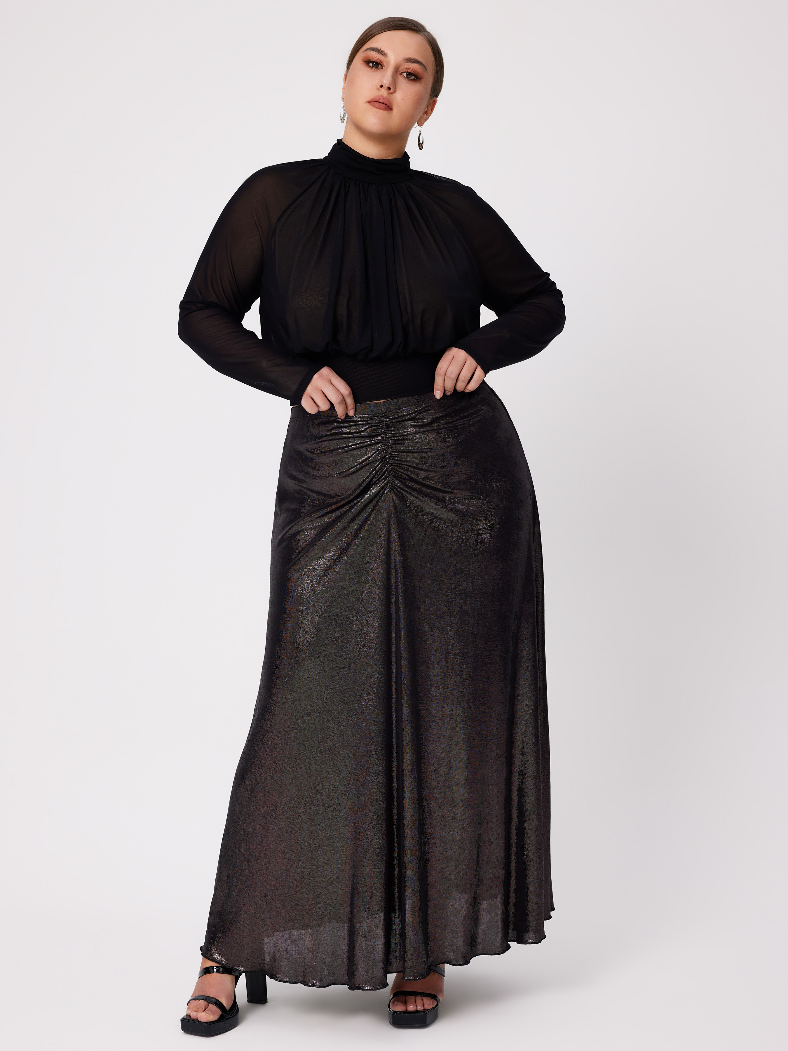 Curve & Plus High Neck Solid Long Sleeve Jersey Top For