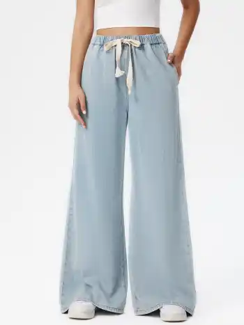 Leslie Denim High Waist Solid Tie Front Wide Leg Trousers