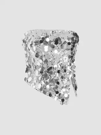 Sequin Asymmetrical Split Tube Crop Top & Mid Waist Mini Skirt