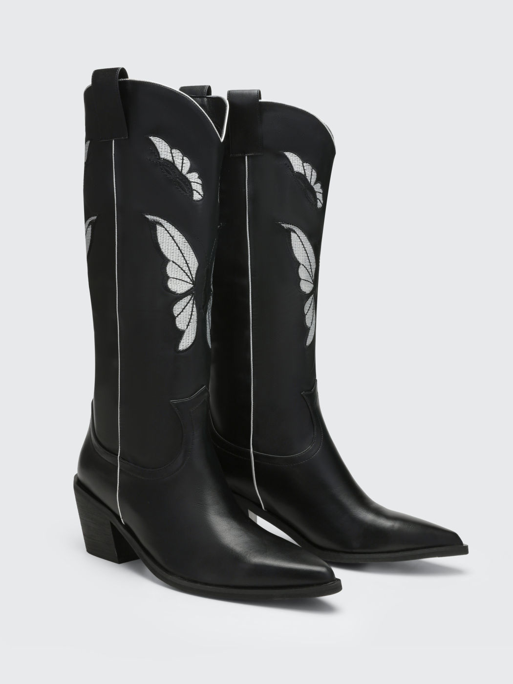 Faux Leather Chunky Heeled Butterfly Decor CowboyKnee High Boots