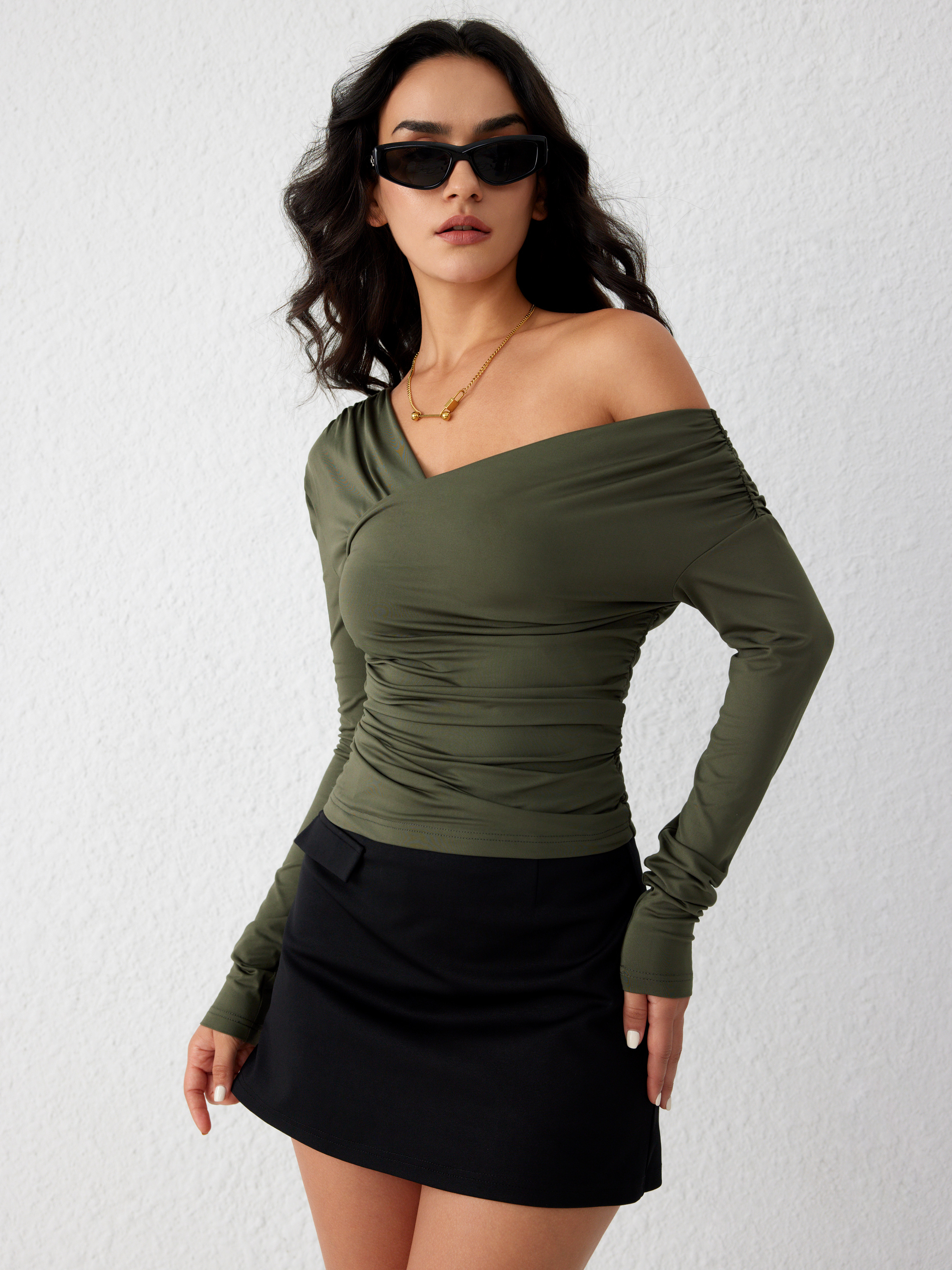 Asymmetrical Neck Ruched Long Sleeve Top - Cider