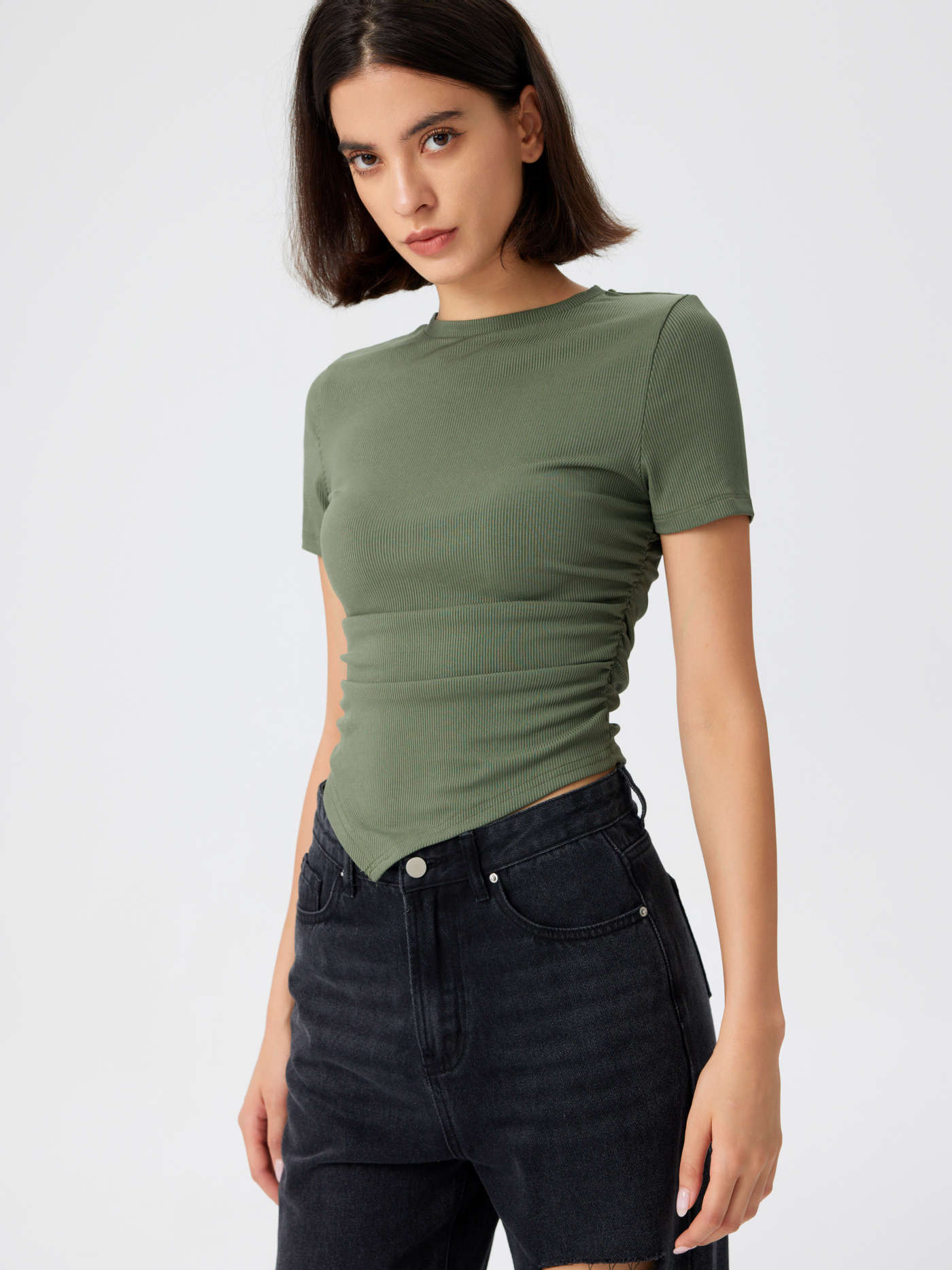 Solid Rib Round Neckline Asymmetrical Ruched Short Sleeve Top