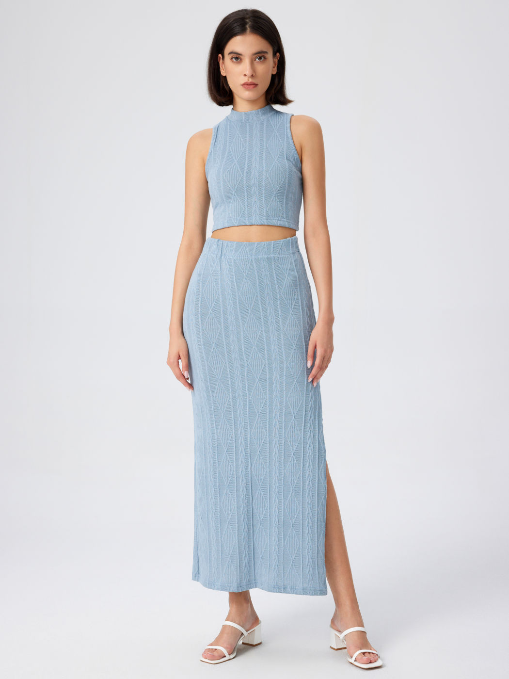 Chunky Cable Knit Crop Tank Top & Split Maxi Skirt Set