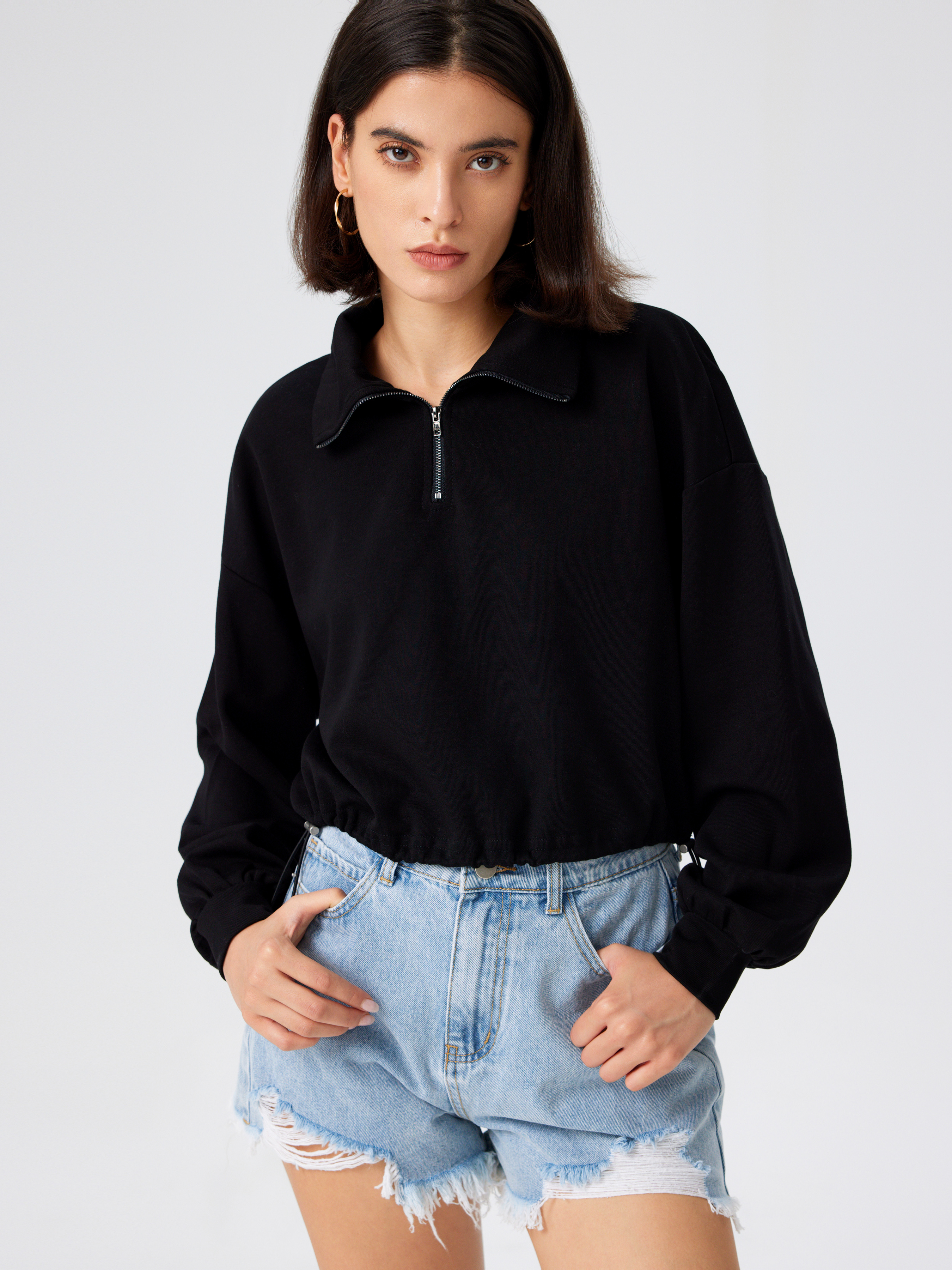 Collar Solid Drawstring Zipper Sweatshirt Cider