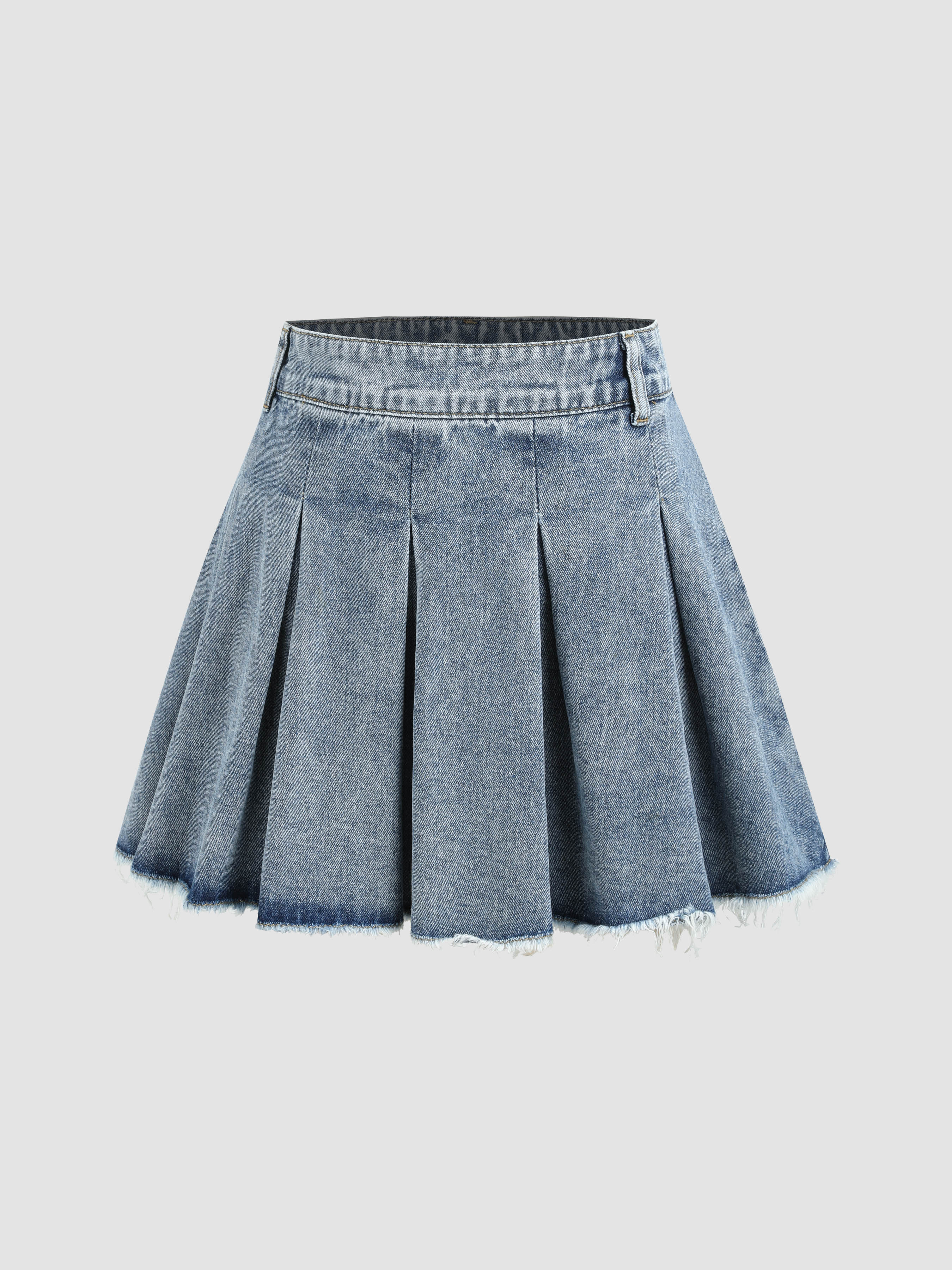 Denim High Waist Pleated Raw Hem Mini Skirt