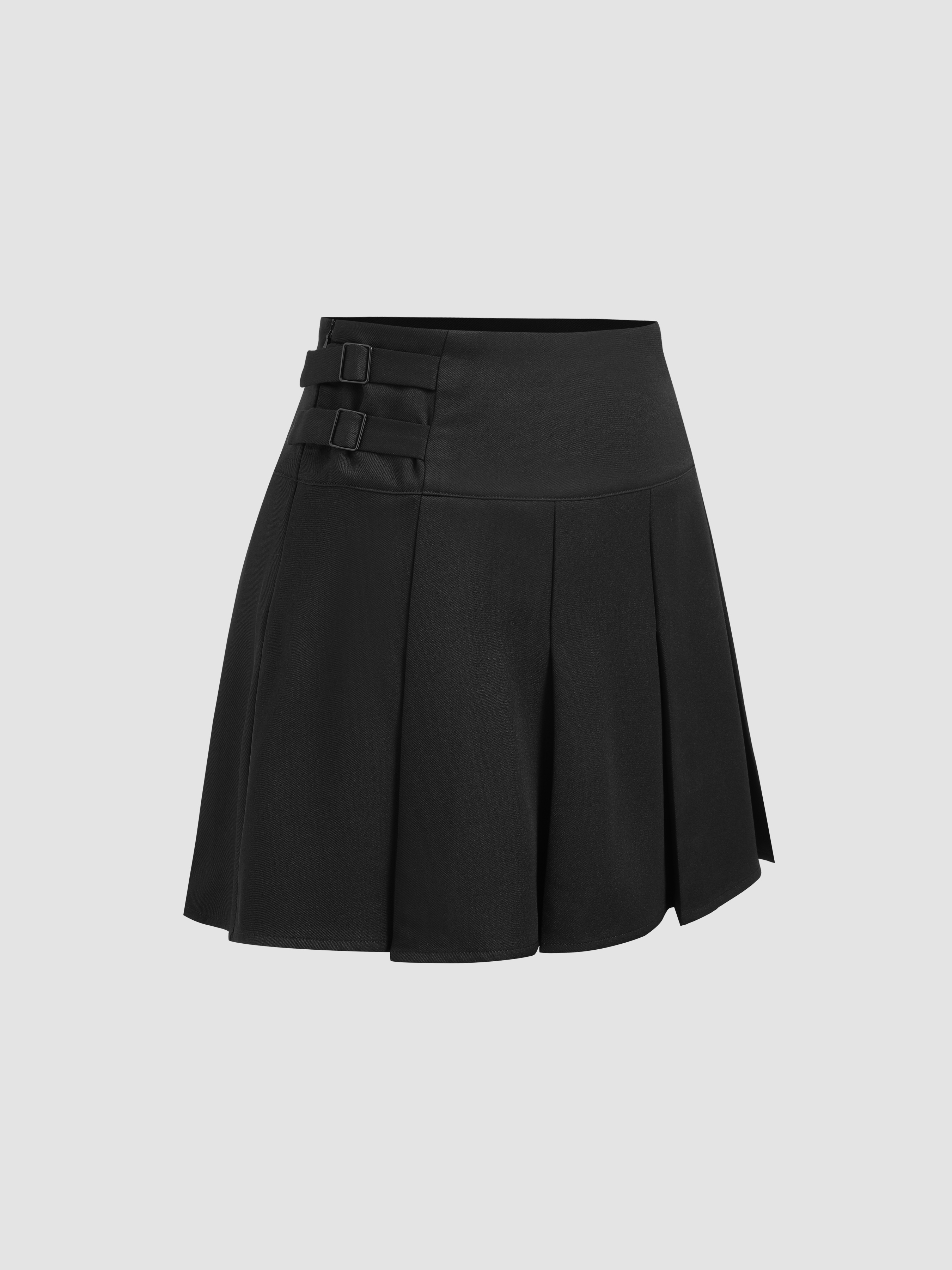 Plain Ruffled Bra Top / Plain Button-Up Shirt / Mid Waist Pleated Mini  A-Line Skirt / Belt / Set