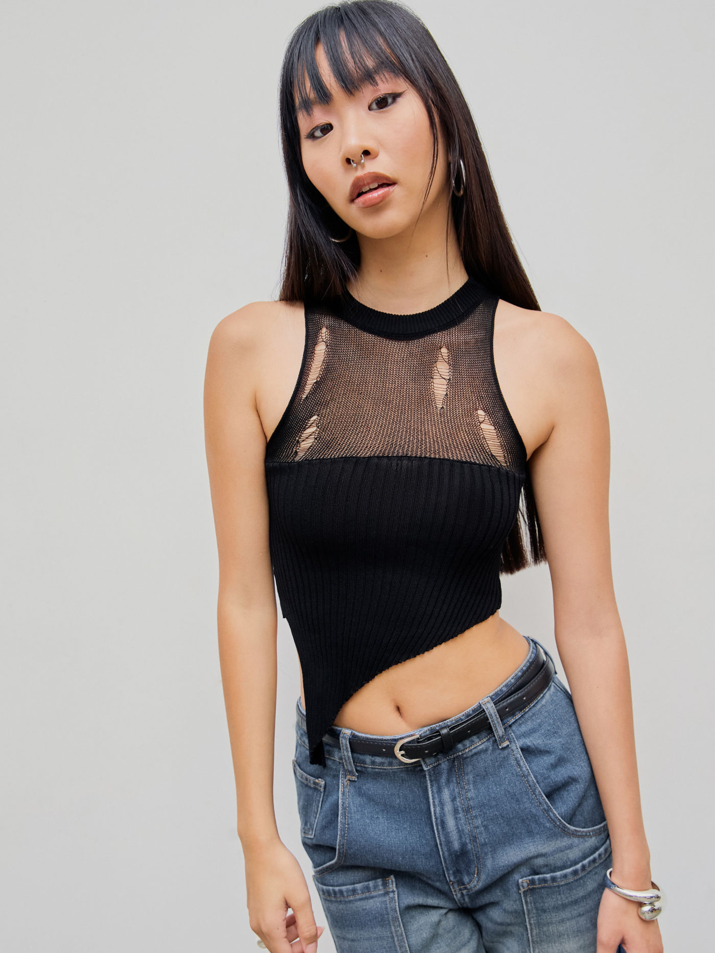 Solid Knit Round Neckline Asymmetrical Ripped Crop Top