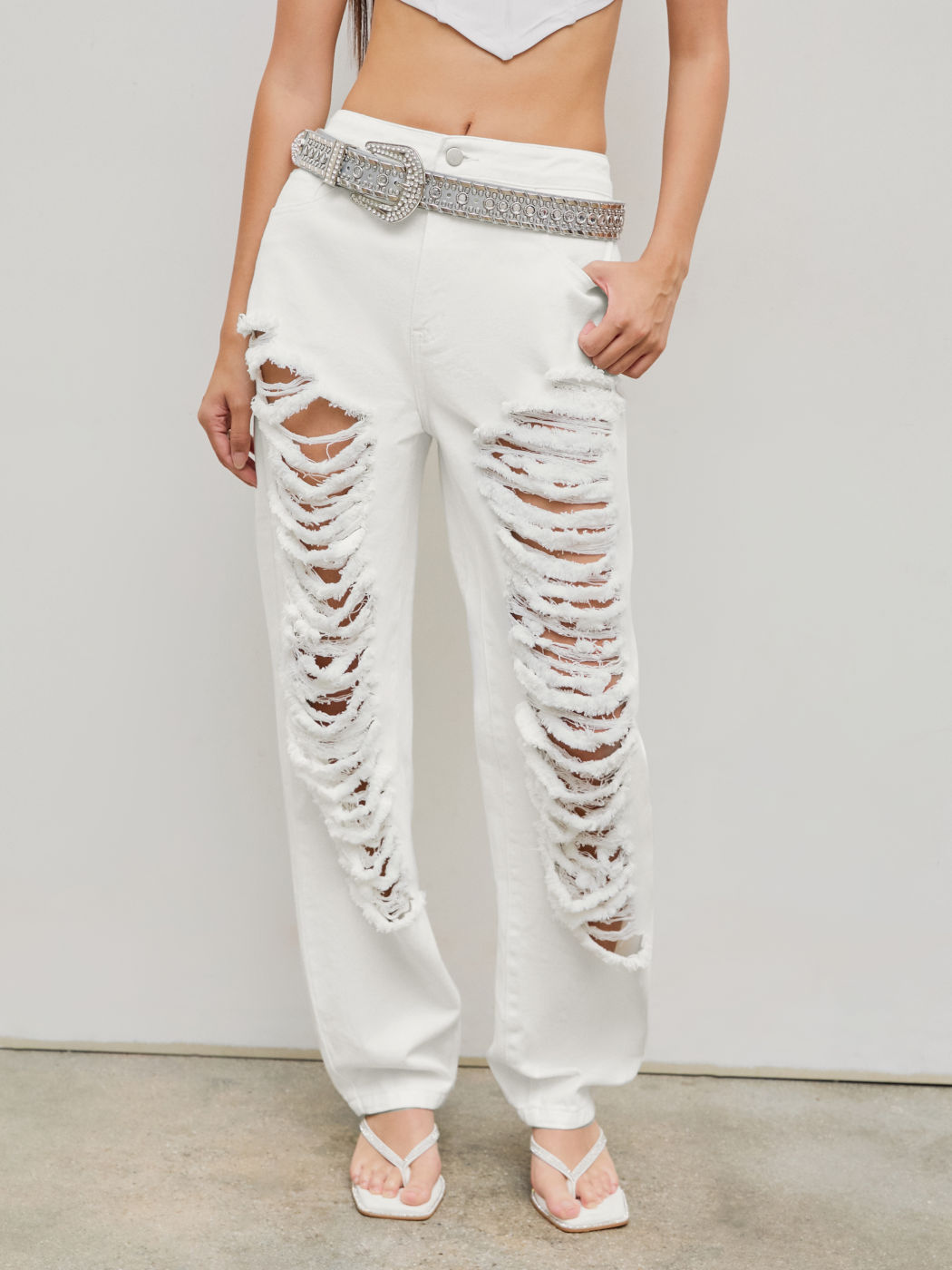 Denim Solid High Waist Ripped Wide Leg Jeans For Music Festival/Live House