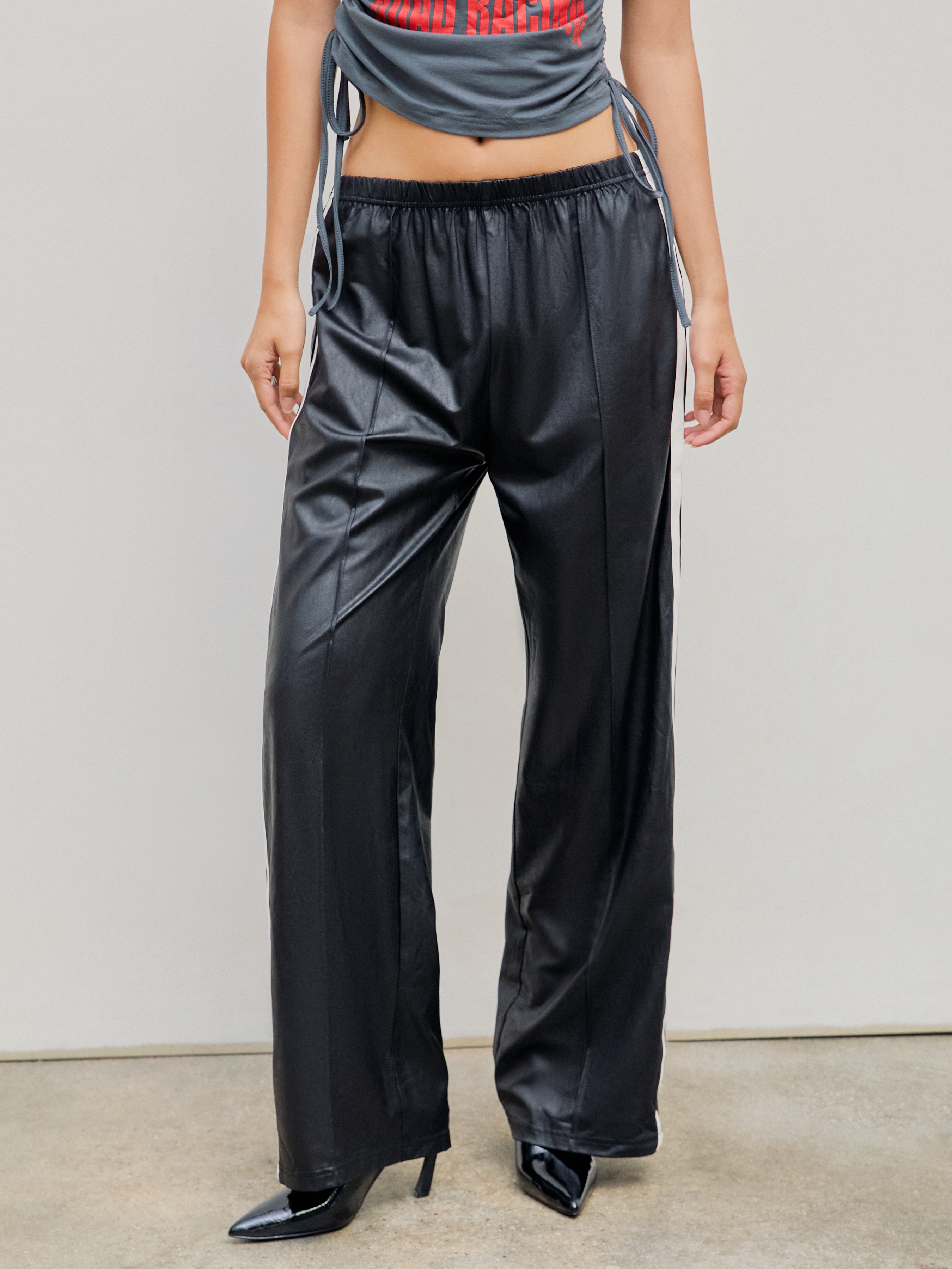 Faux Leather Low Waist Side Striped Wide Leg Trousers