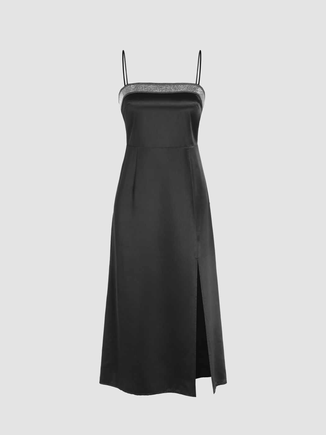 Satin-Midikleid mit quadratischem Ausschnitt und festem Strasssteinen
